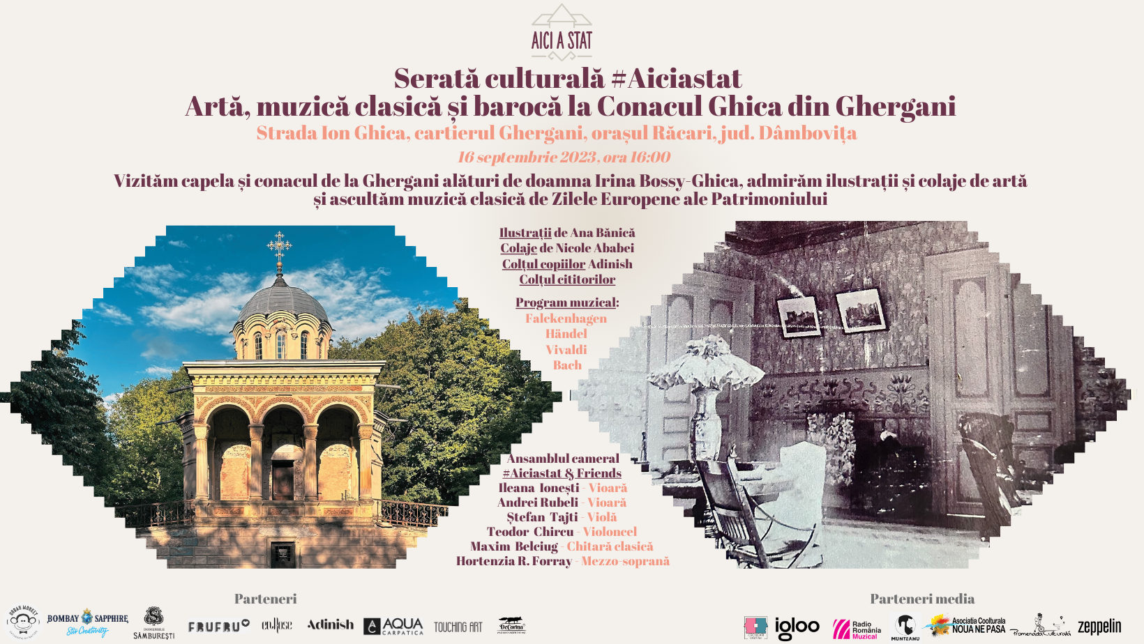 Serată culturală cu artă, muzică clasică și barocă la Conacul Ghica din Ghergani – 16 septembrie 2023