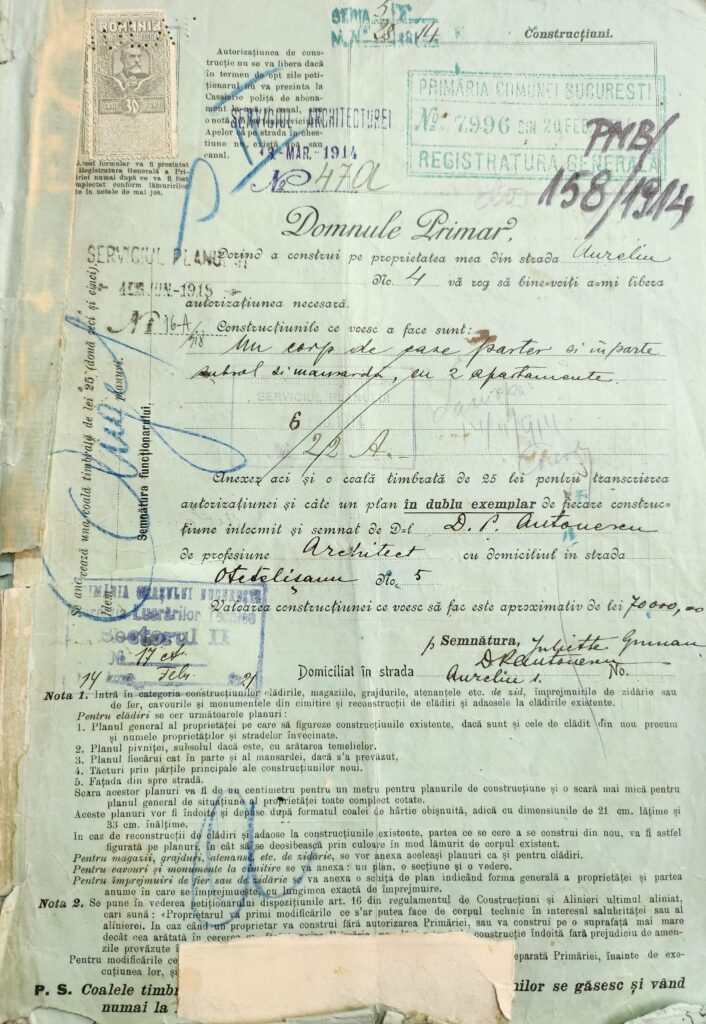 Cerere de autorizatie - Juliette Grunau si arh. D.P. Antonescu - Arhiva PMB Fond Tehnic Dosar 158/1914