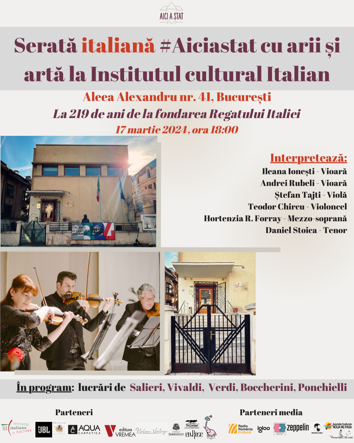 Serata italiană #Aiciastat cu arii și artă la Institutul Cultural Italian – 17 martie 2024